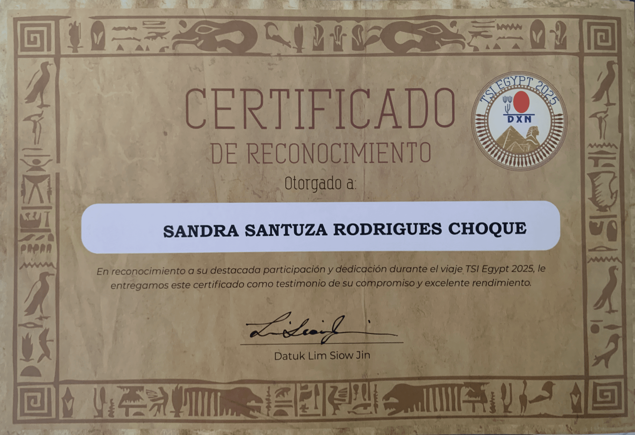 Certificado de Sandra, Egipt