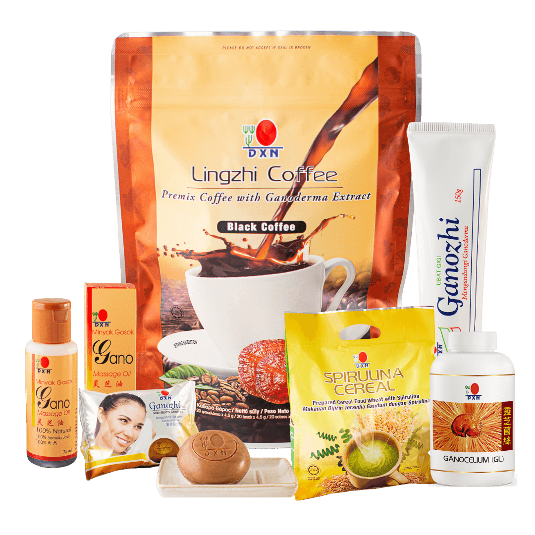 Productos saludables de DXN, incluyendo café con ganoderma, espirulina y suplementos naturales